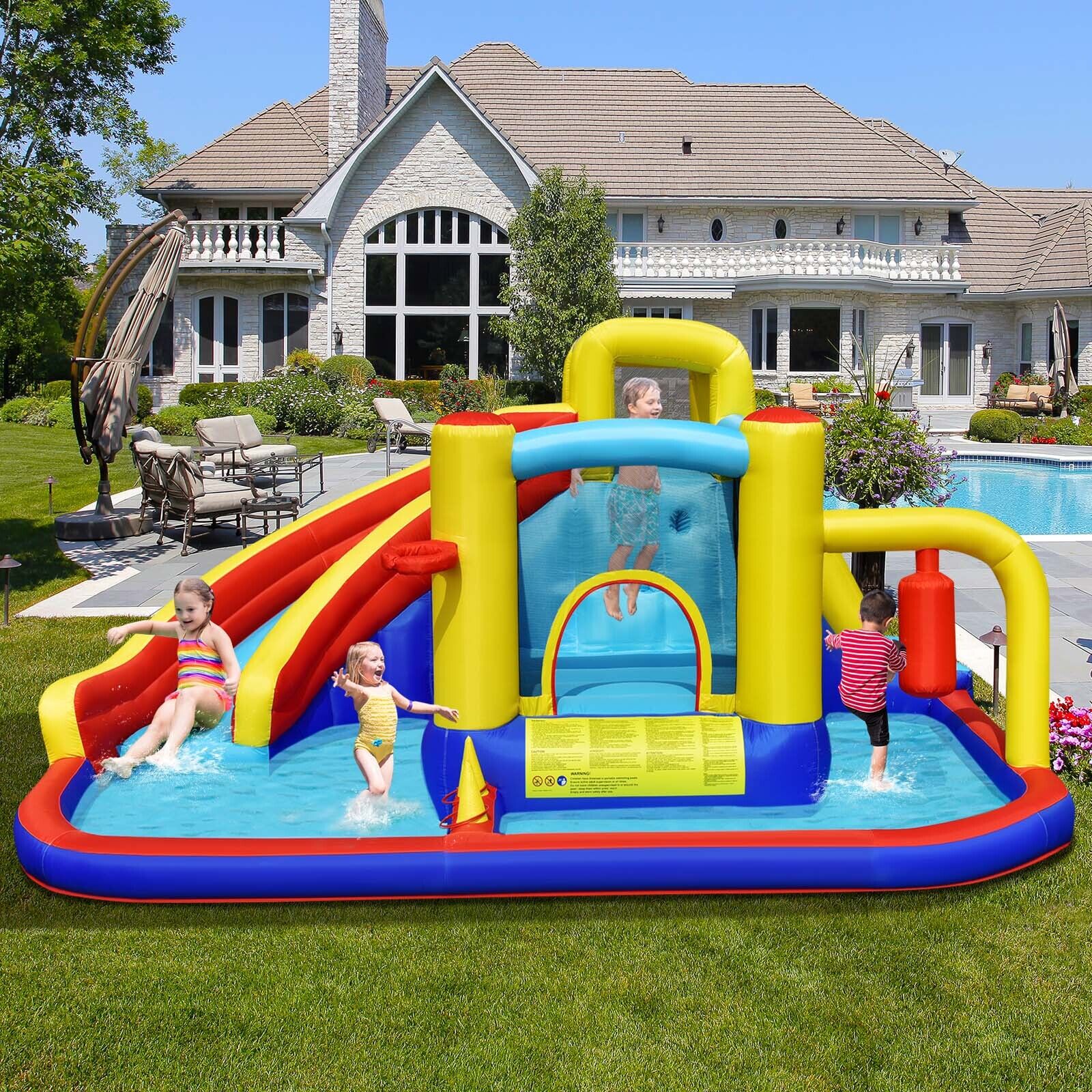 Kids 7-in-1 Inflatable Water Slide and Bounce Castle With 735W Air Blower childrensterritory