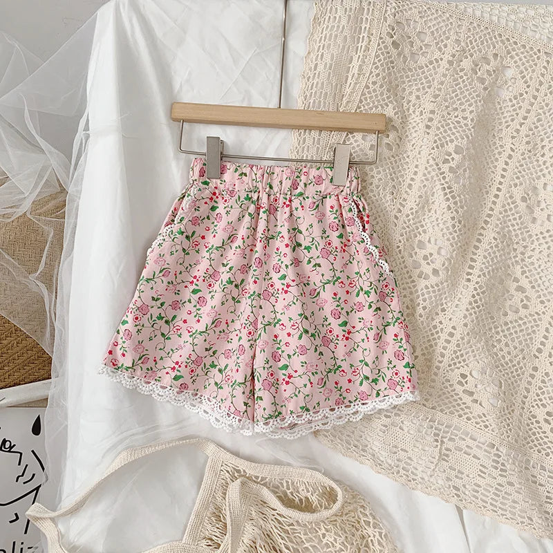 Floral Print Rustic Style Little Girl Sling Tops and Shorts Set childrensterritory
