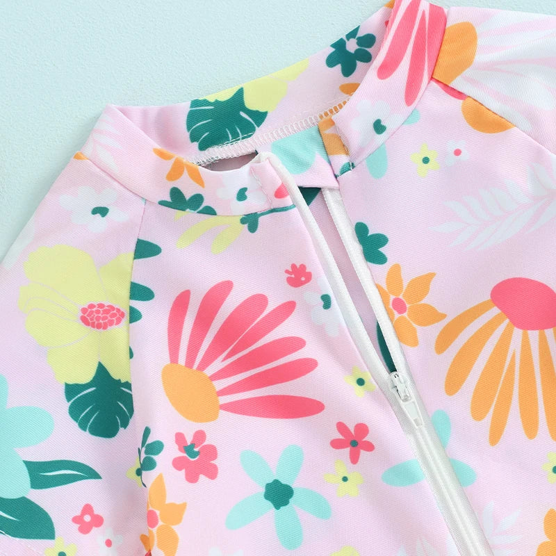 Short Sleeve Floral Print Kids Girls Rash Guard Swimsuit