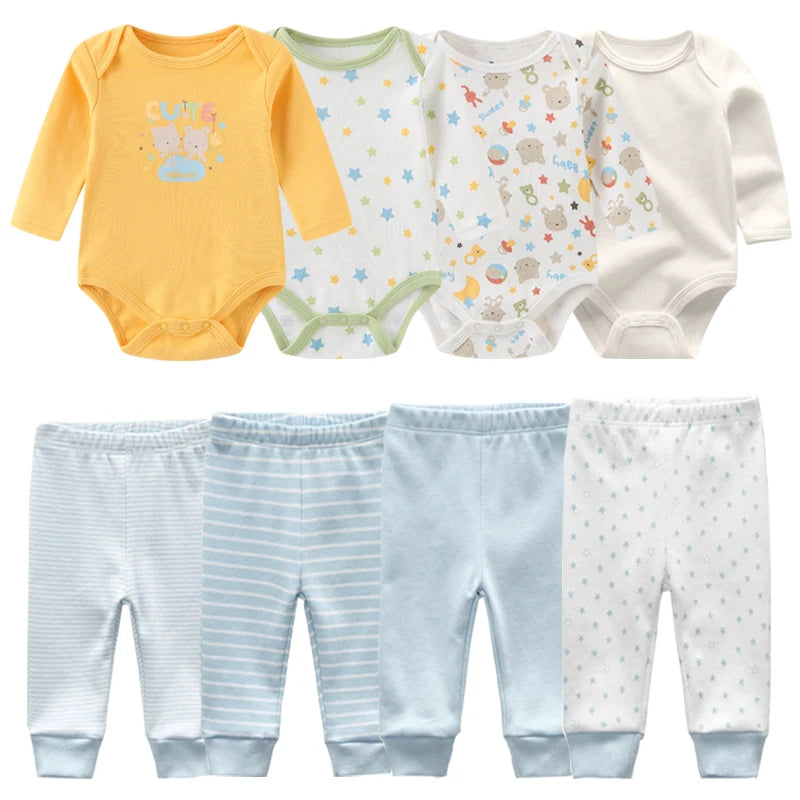 Newborn Baby Cartoon Print 6/8Pieces Soft Bodysuits+Pants Sets childrensterritory