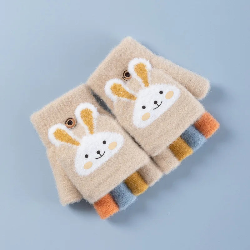 Cartoon Bunny Warm Half Finger Flip Gloves for Kids