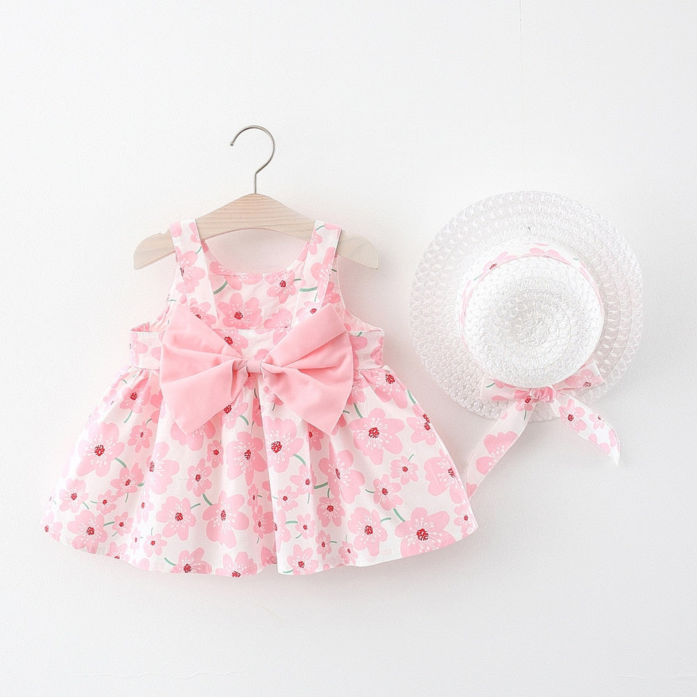 Baby Girl Floral Bow Sling Dress with Hat childrensterritory