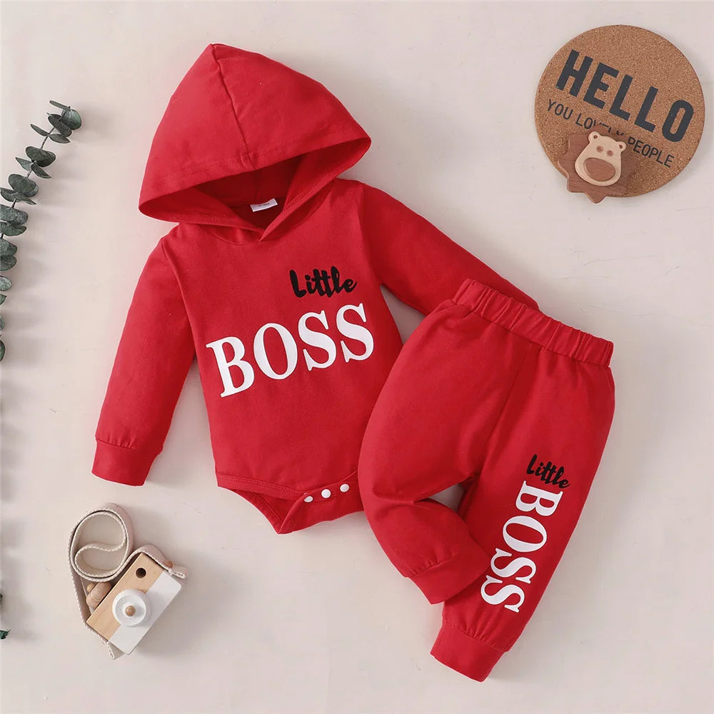 "Little Boss" Print Baby Boy Hooded Clothing Set