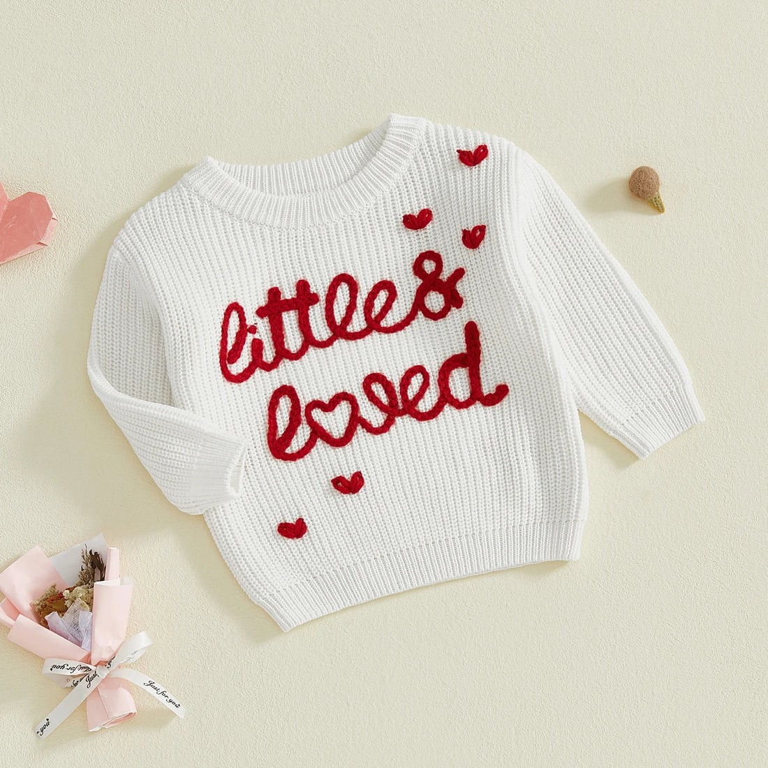 Baby Girl Heart Print Crew Neck Knitted Sweaters