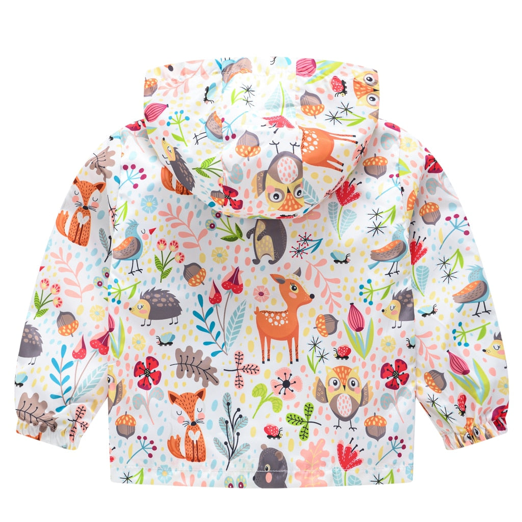 Kids Girls Colorful Cartoon Prints Windproof Hooded Jackets childrensterritory