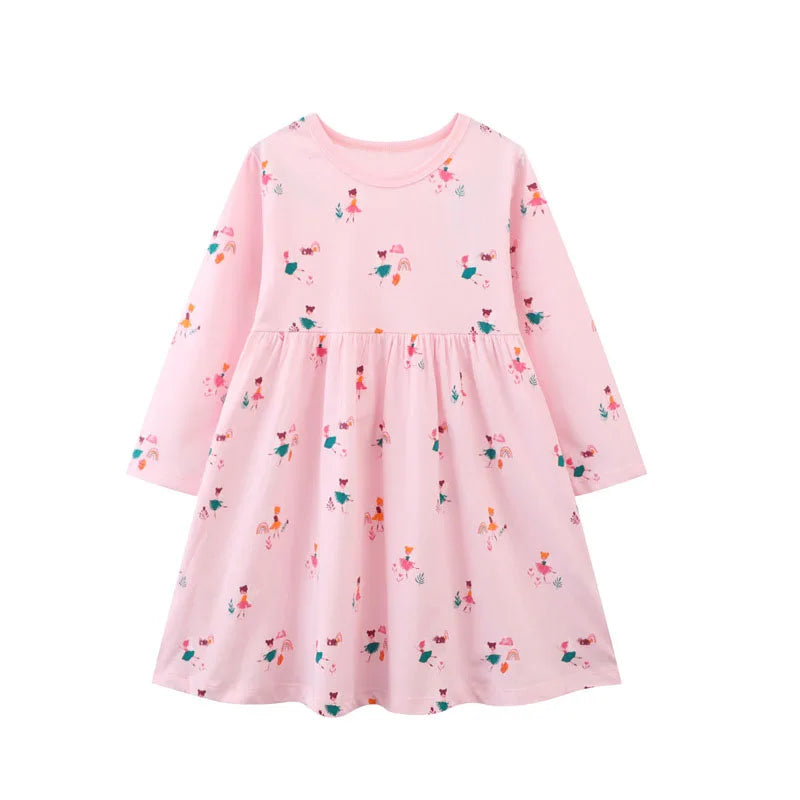 Girls Long-Sleeves Cartoon Print Casual Dresses childrensterritory
