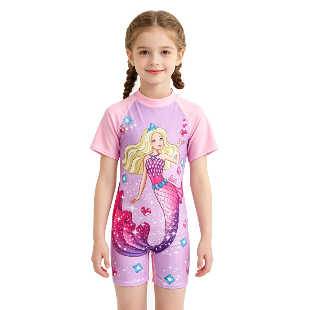 Kids Girls One-Piece Cartoon Print UV Swimsuits