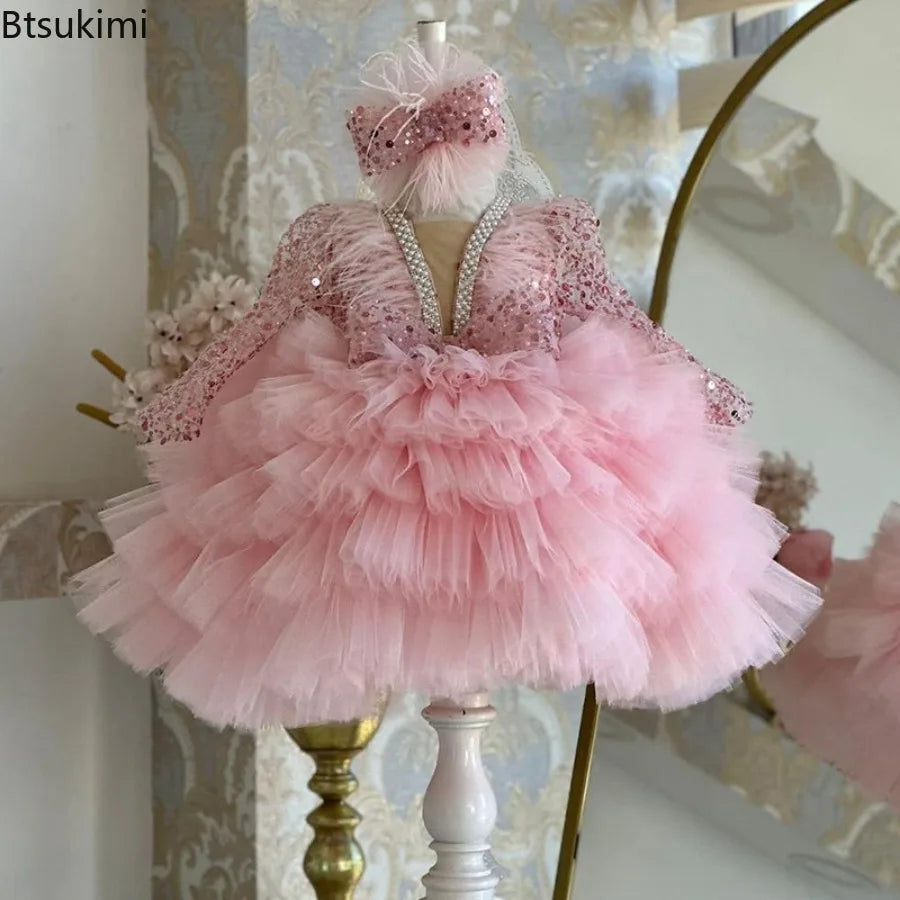 Gorgeous V-neck Sequin Design Little Girls Mesh Cake Dress