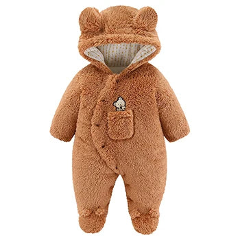 Baby Cartoon Pattern Hooded Fleece Rompers
