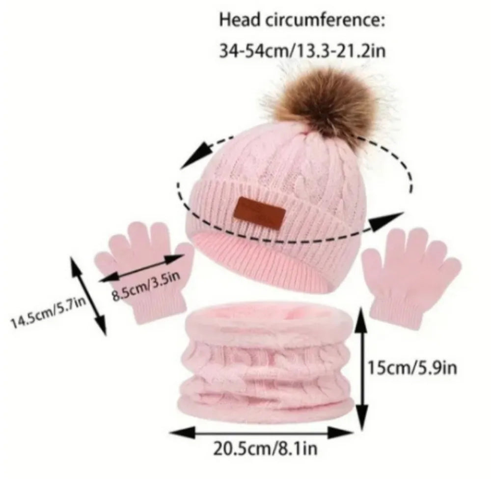 Toddler 3Pcs Cute Pompom Knitted Hats Scarf Gloves Set