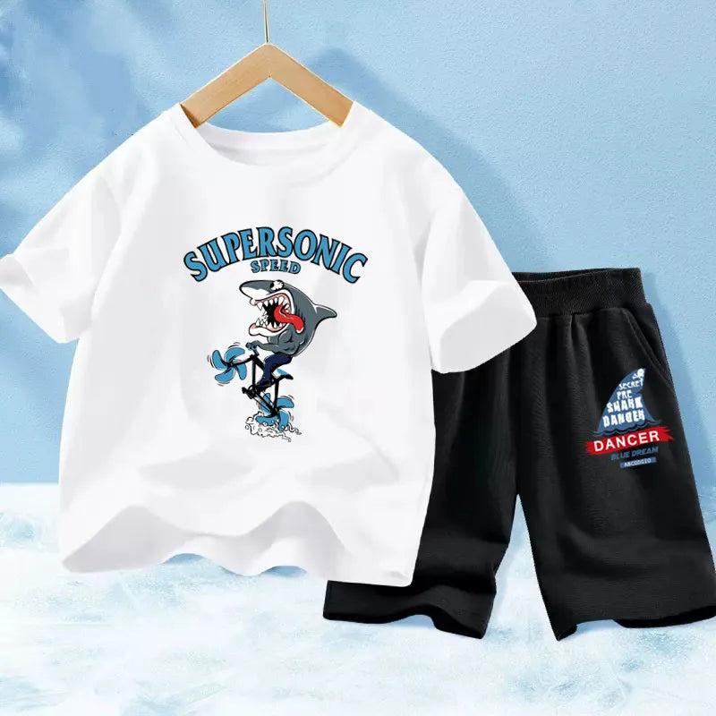 Kids Boy Funny Shark Print T-Shirts and Half Pants Set childrensterritory