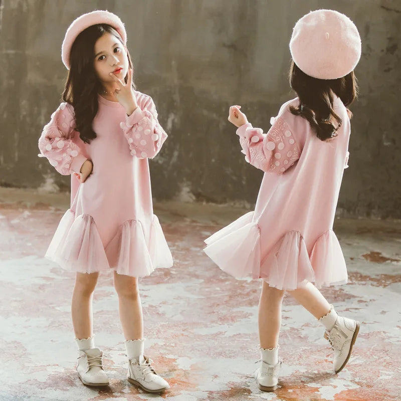 Little Girls Petal Sleeves Pink Sweater Dress