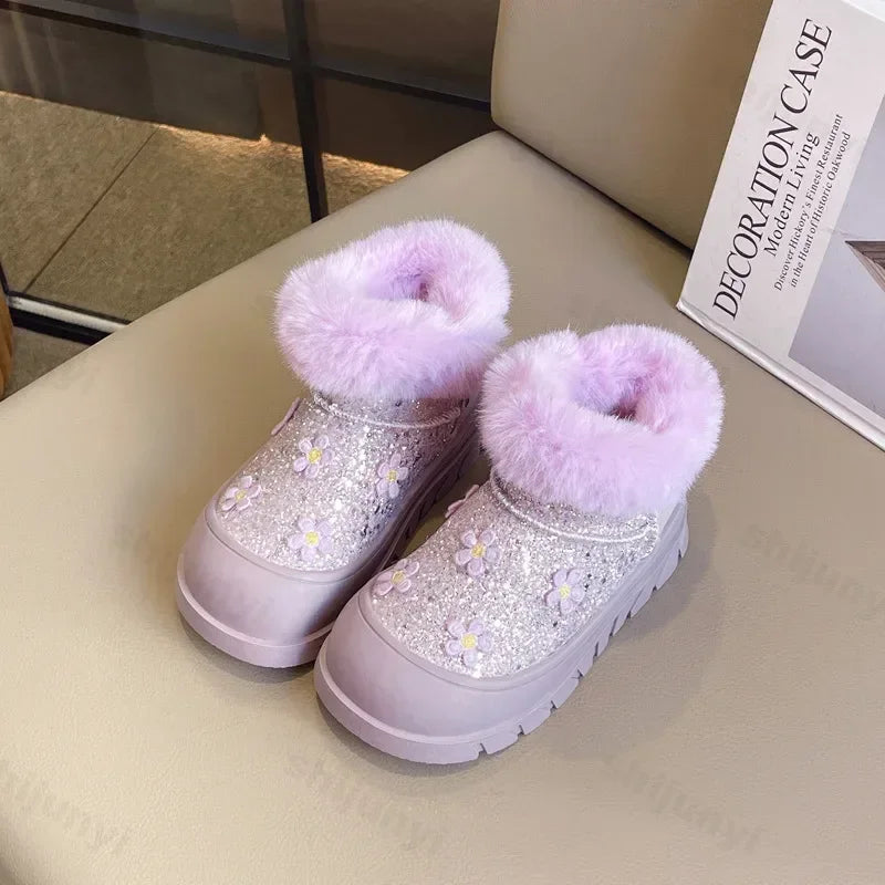 Princess Girls Glittering Fashion Warm Fur Boots childrensterritory