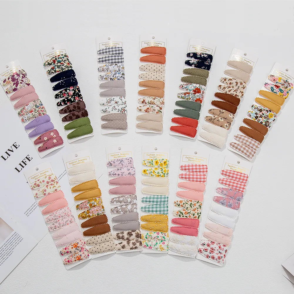 10 Pieces/Lot Flower Print Cotton Alloy Hair Clips Set childrensterritory