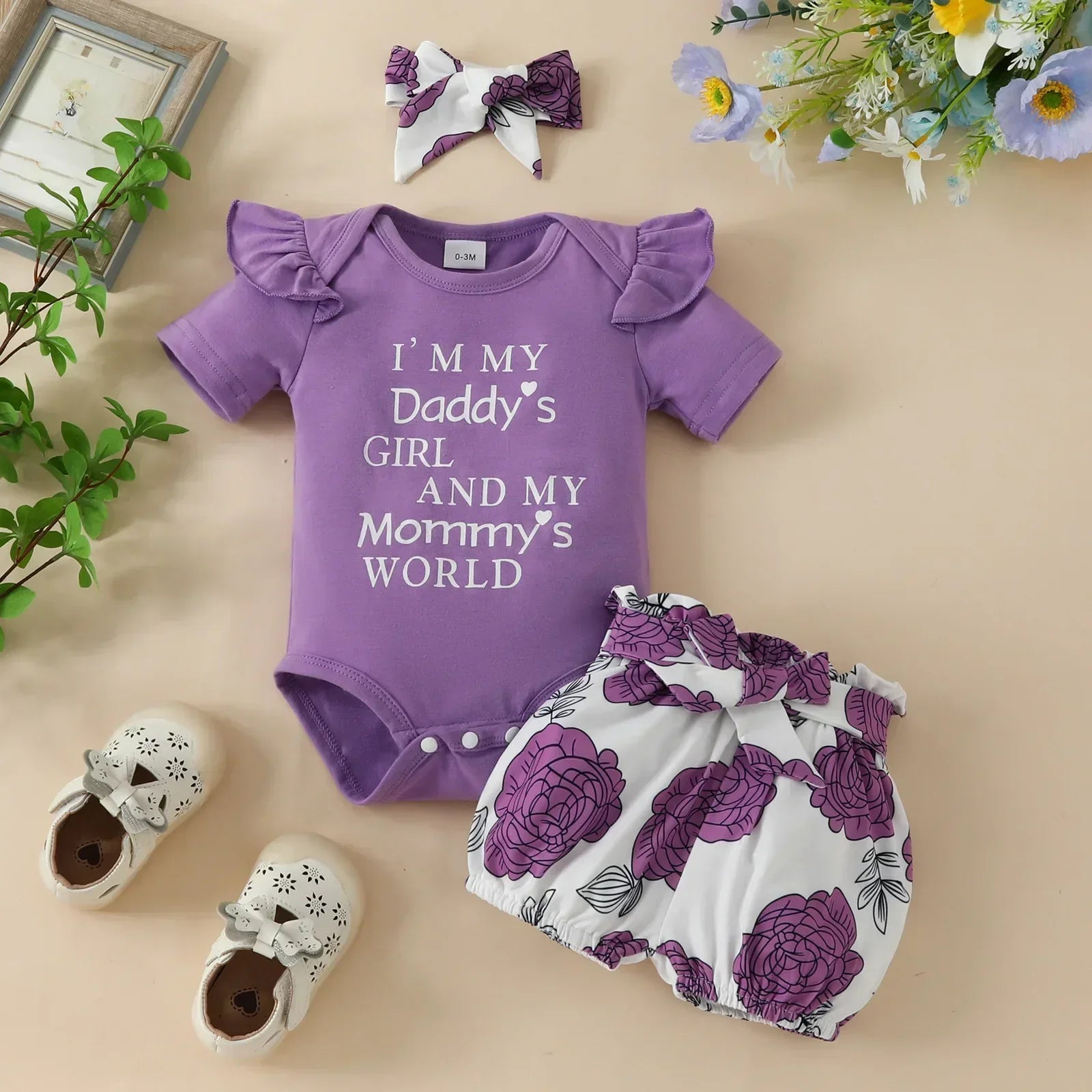 Baby Girl Soft 3Pcs Letter & Floral Print Summer Outfit