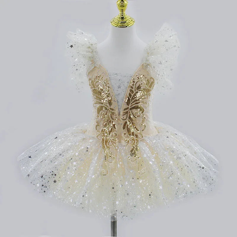 Kids Girls Professional Gold Sequin Ballet Tutu Dress