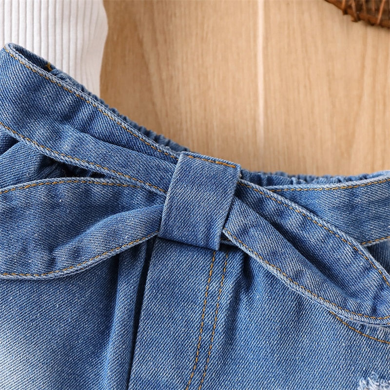 Kids Girl Ribbed Tops Belted Denim Shorts 2Pcs Outfits childrensterritory