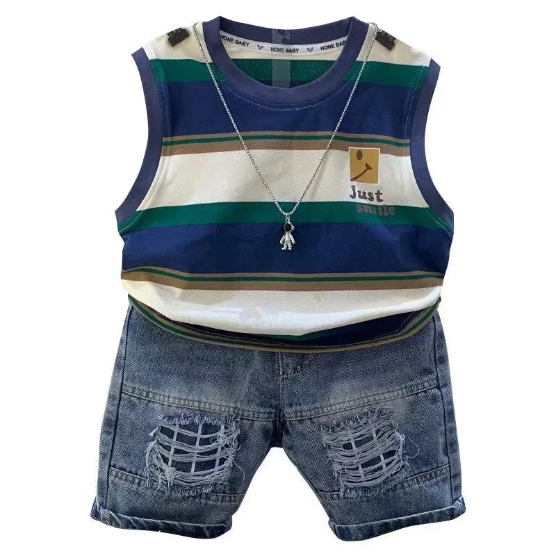 Little Boys Striped Sleeveless Shirt And Jeans Shorts Suit Set childrensterritory