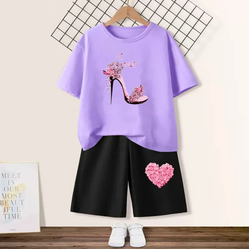 Kids Girls Butterfly High Heel T-shirt +Shorts 2 Piece Tracksuits childrensterritory