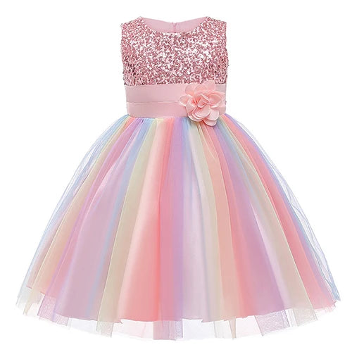 Girls Sleeveless Sequins Flower Rainbow Design Summer Dresses childrensterritory