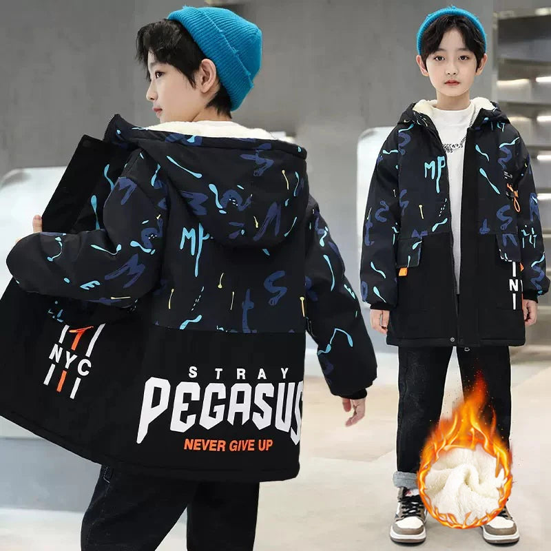 Warm Duck Down Padded Long Winter Snow Jacket for Kids