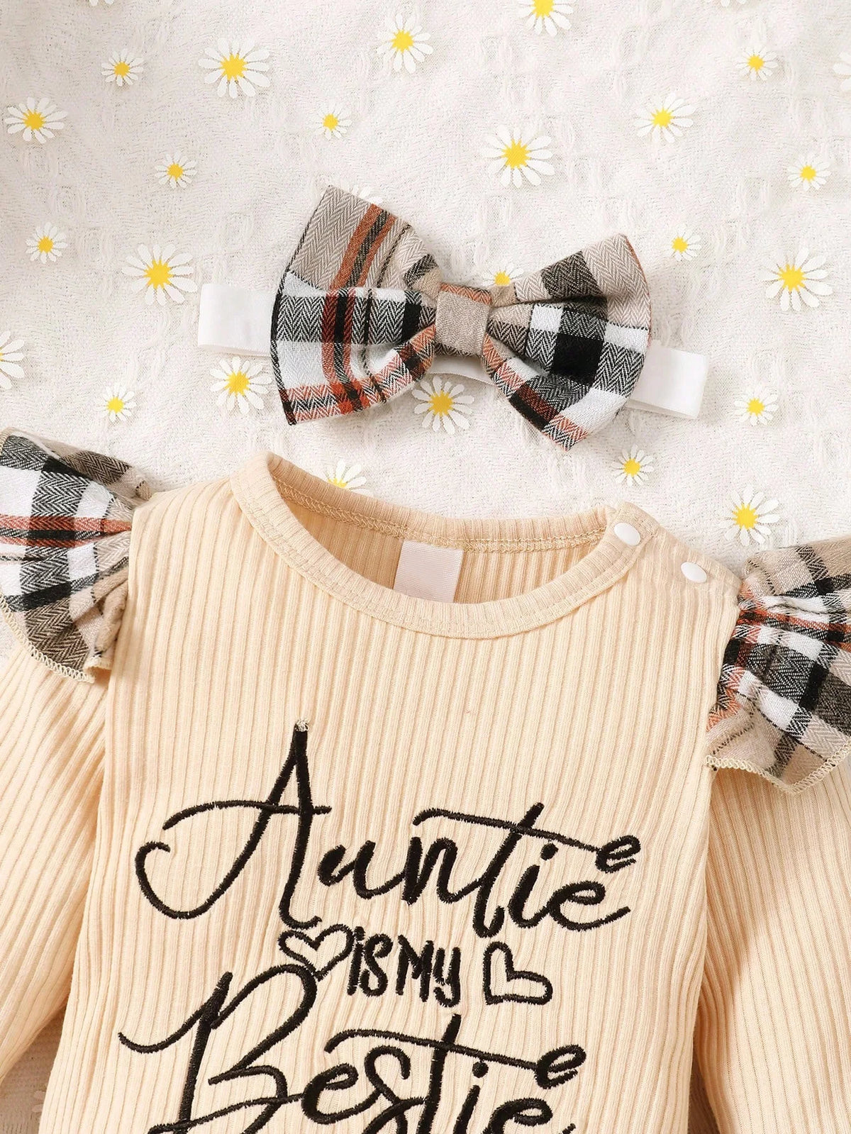 Baby Girl Ruffle Trim Bodysuit & Plaid Pants & Headband Set