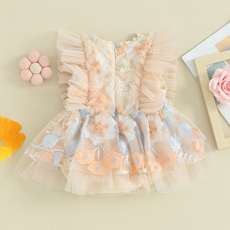 Baby Girl Tulle Floral Embroidery Romper Dress and Headband Set