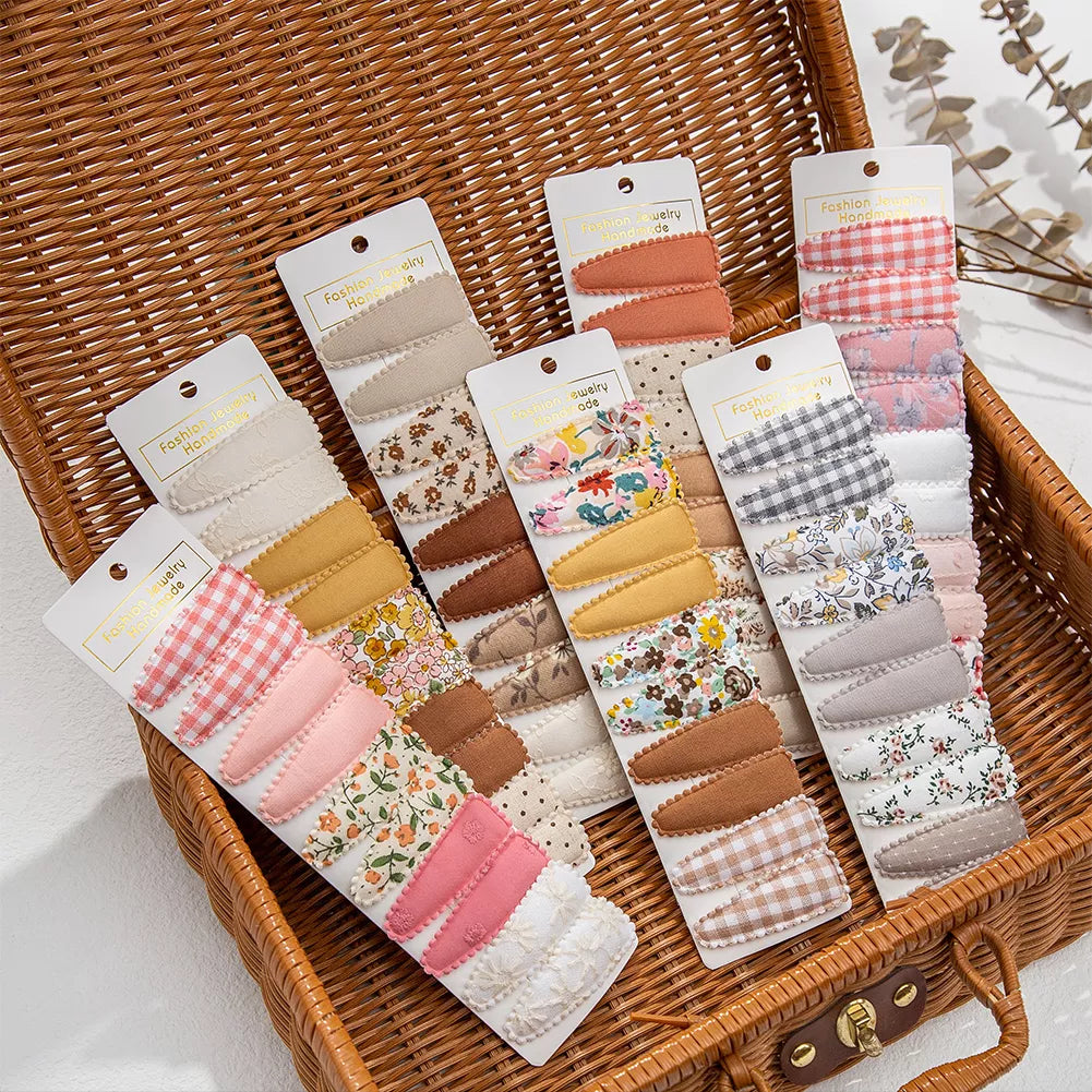 10 Pieces/Lot Flower Print Cotton Alloy Hair Clips Set childrensterritory