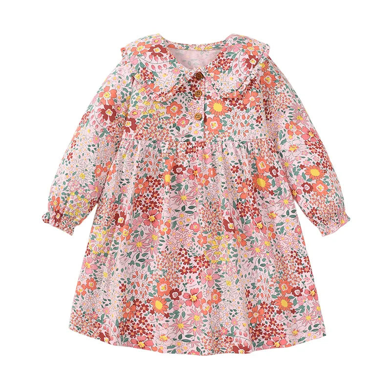 Kids Girls Soft Cotton Long Sleeve Printed Floral Birthday Dresses childrensterritory