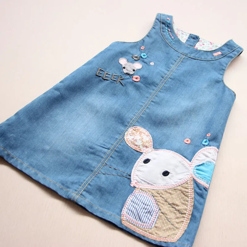 Little Girls Cartoon Mouse Embroidery Denim Dress childrensterritory