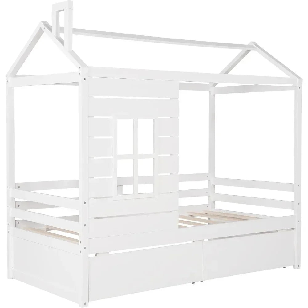 Twin Size Wood Storage Bunk Bed with Window and Roof