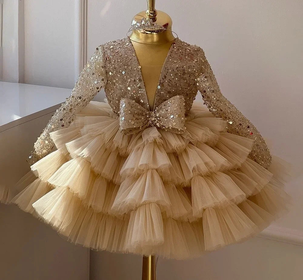 Sequined Tiered Tulle Wedding Dress with Bow for Kids Girls