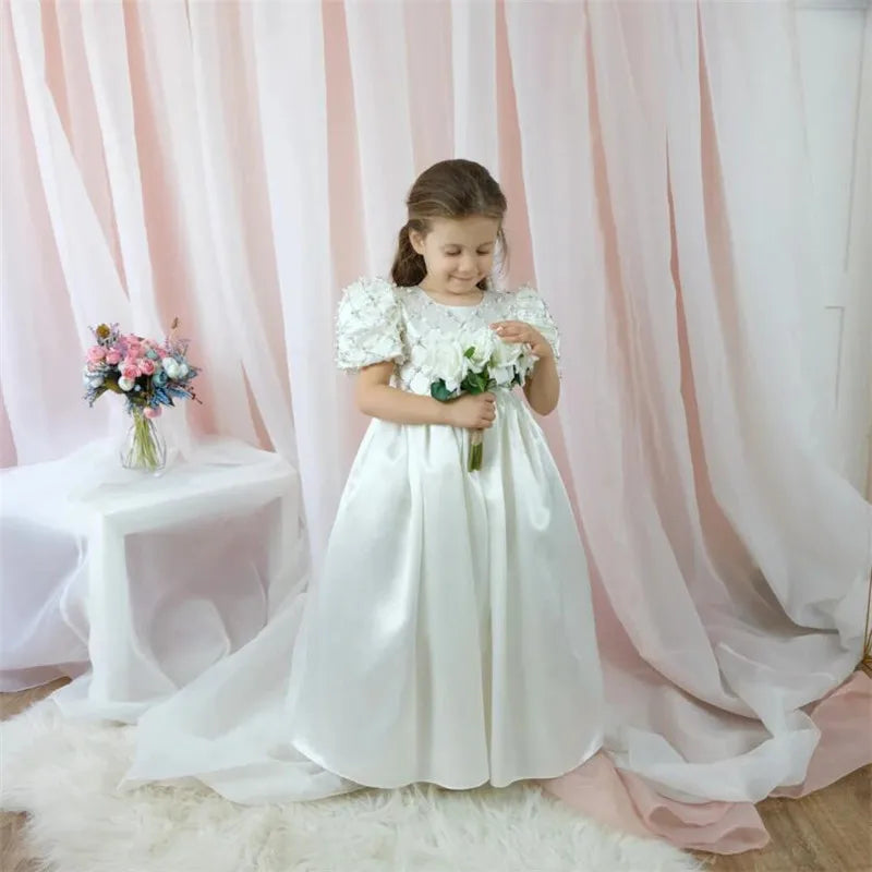 White Satin Pretty Princess High Waist Bridesmaid Gowns for Girls childrensterritory