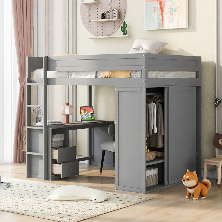 Full-size Loft Bed with Closets and Two-Drawer Desk with Cabinet childrensterritory