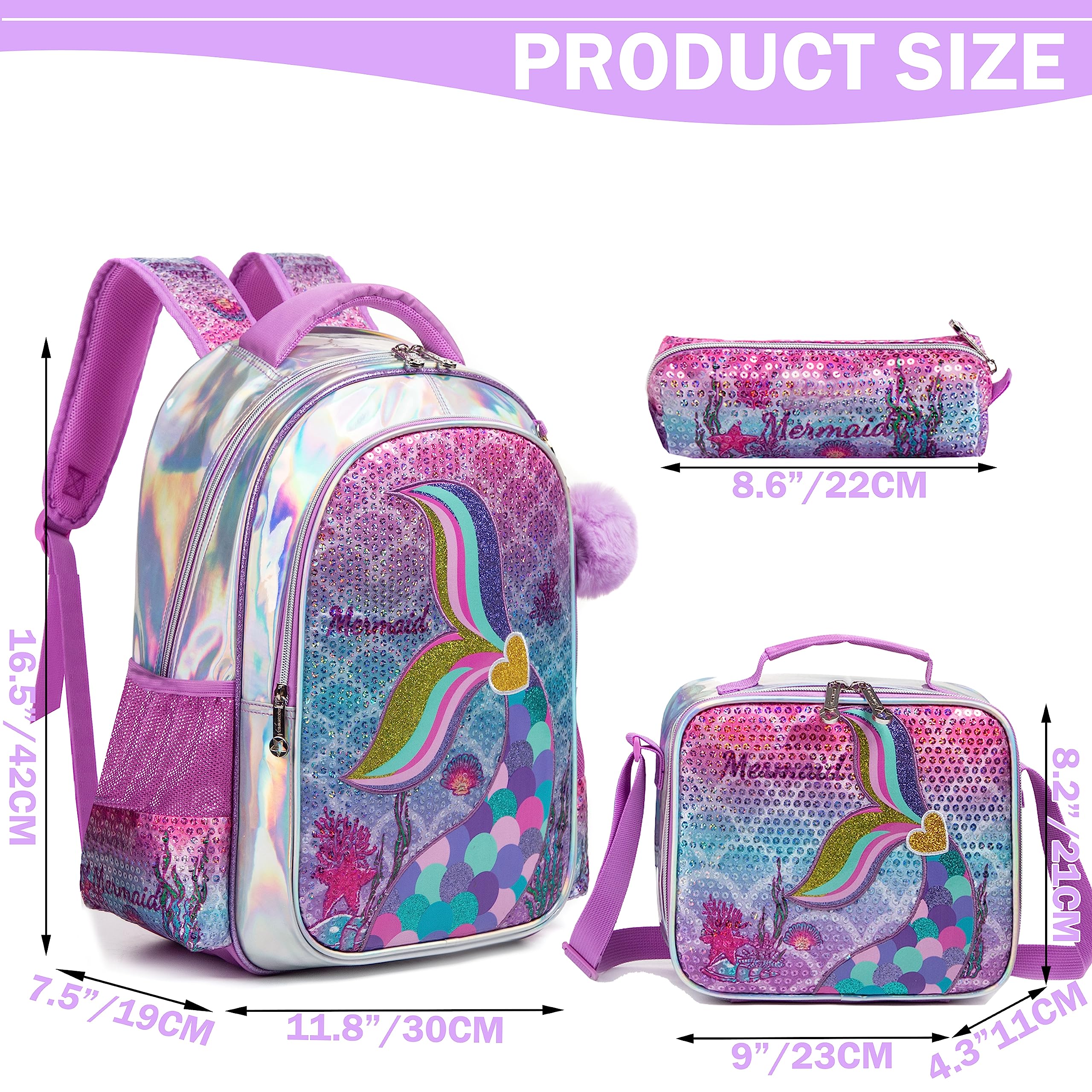Sequin Mermaid Design Backpack with Lunch Box Set for Kids childrensterritory