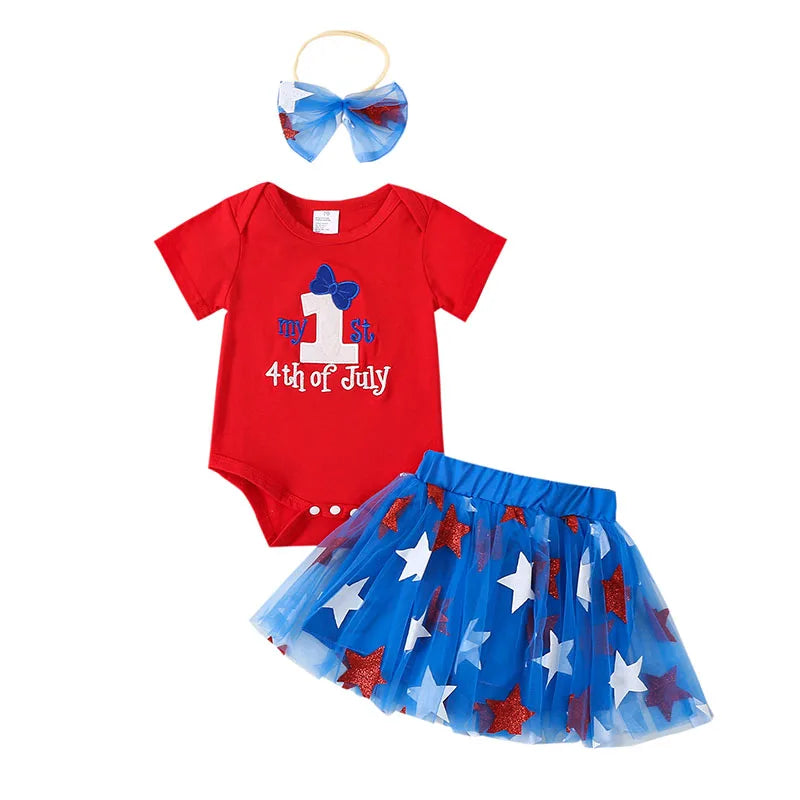 Letter Print Independence Day Infant Girl Outfit Set