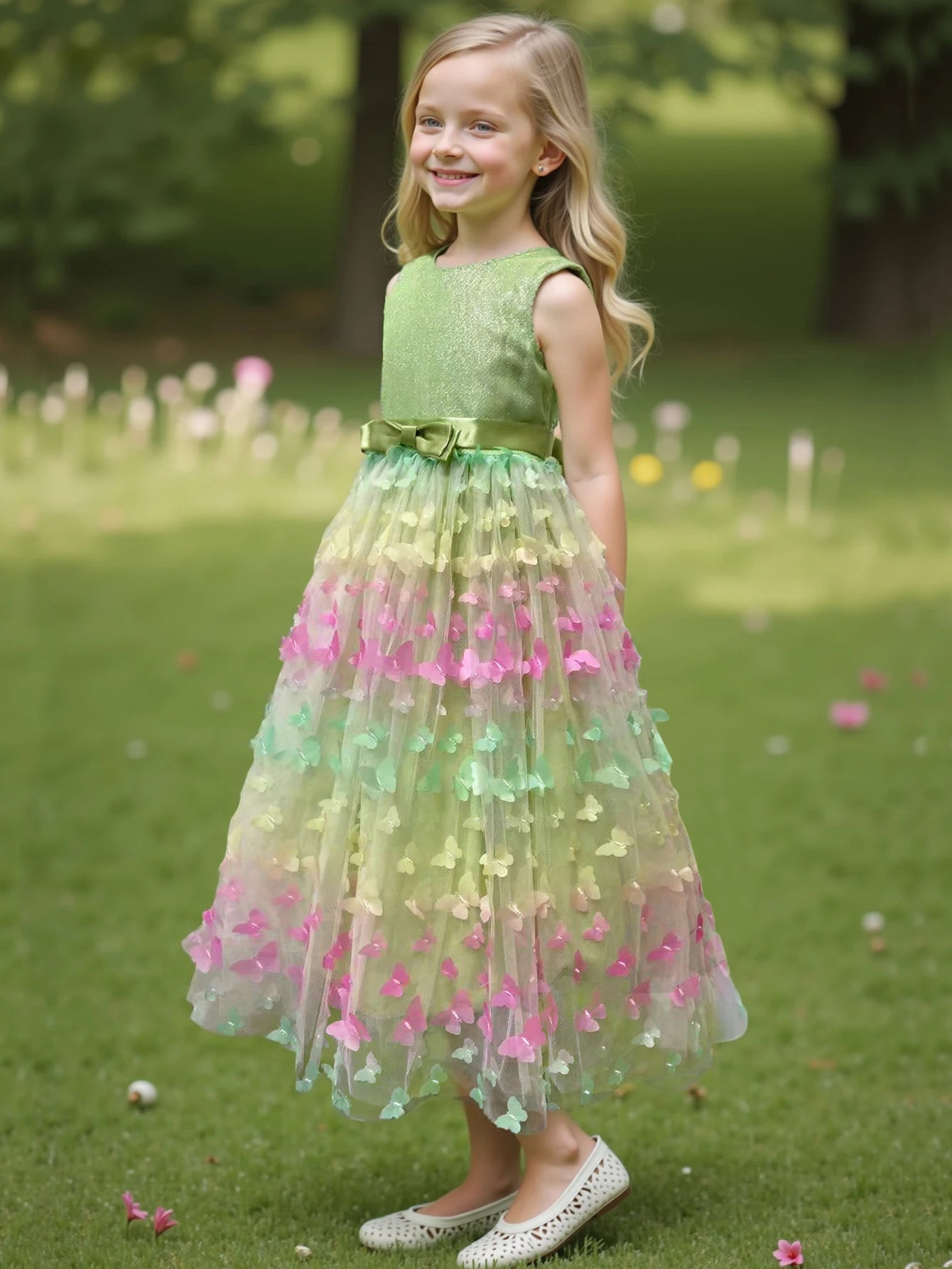 3D Butterfly Design Kids Girls Mesh Bow Long Princess Dress childrensterritory