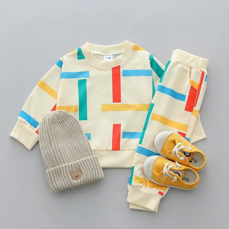 Color Stripe Print Long Sleeve Pullover and Pants Set for Infant childrensterritory