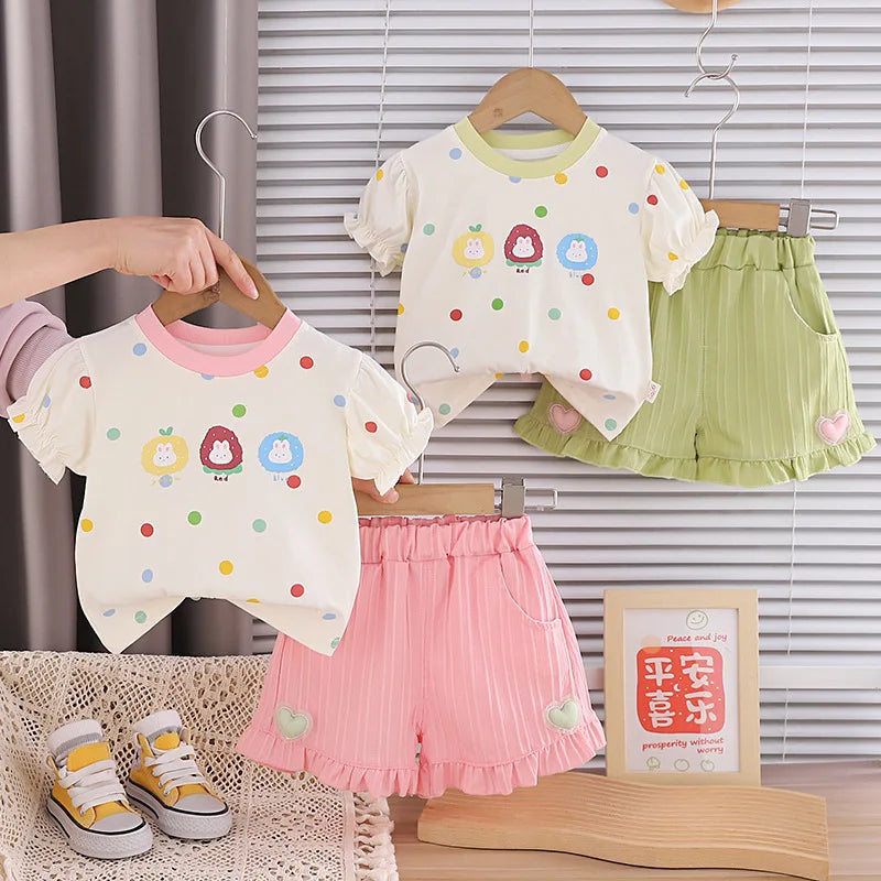 Kids Girls Cartoon Animals Design Cotton Tops + Pants Clothes Set