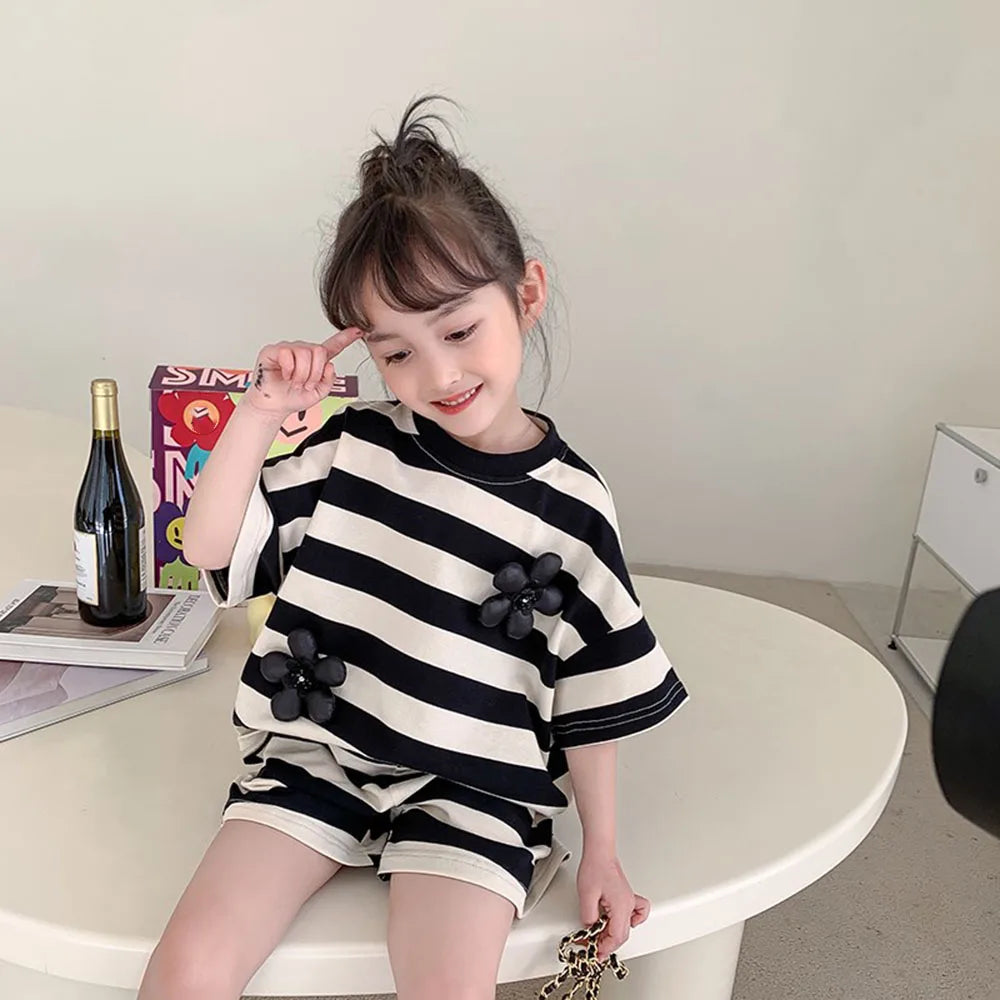 Kids Girls Short Sleeve Striped 2Pcs Casual Clothing Set childrensterritory