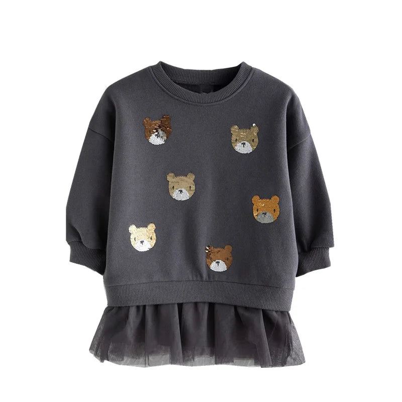 Kids Girls Bear Beading Long Sleeve Party Dresses childrensterritory
