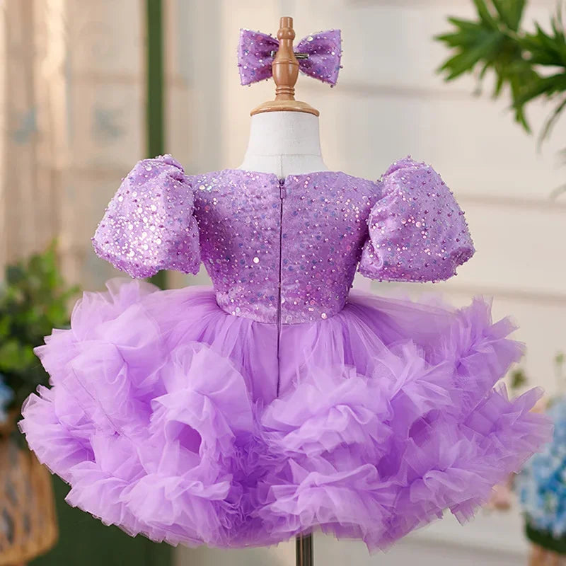 Organza Fluffy Red Sequined Baby/Kids Girl Dress for Photoshoot