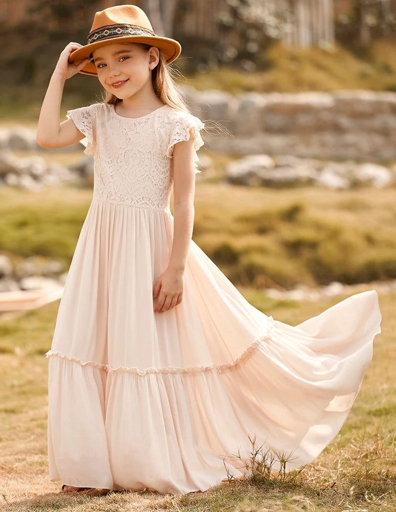 Lace Design Kids Girls Long Cotton Dresses for Summer childrensterritory