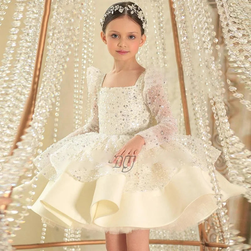 Kids Girls Glitter Sequin Puffy Dresses For Birthday Party
