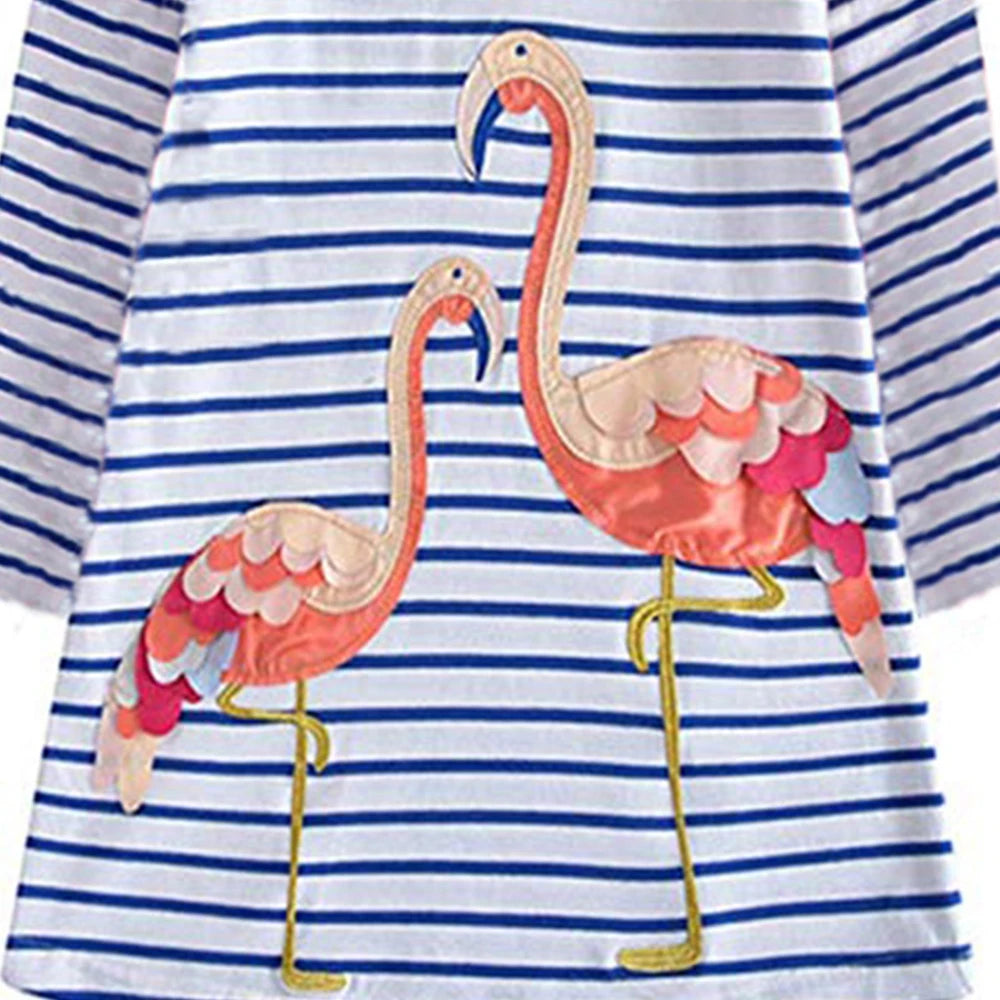 Flamingo Cartoon Design Striped Straight Dress for Girls childrensterritory