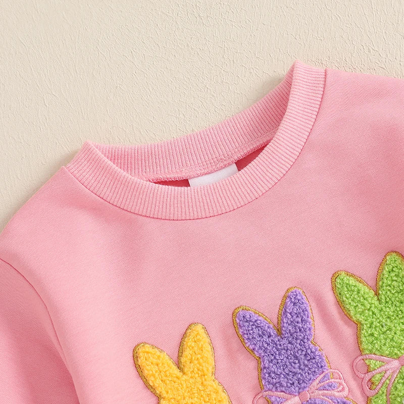 Toddler Girl Bunny Embroidery 2 Pieces Easter Outfit Set childrensterritory