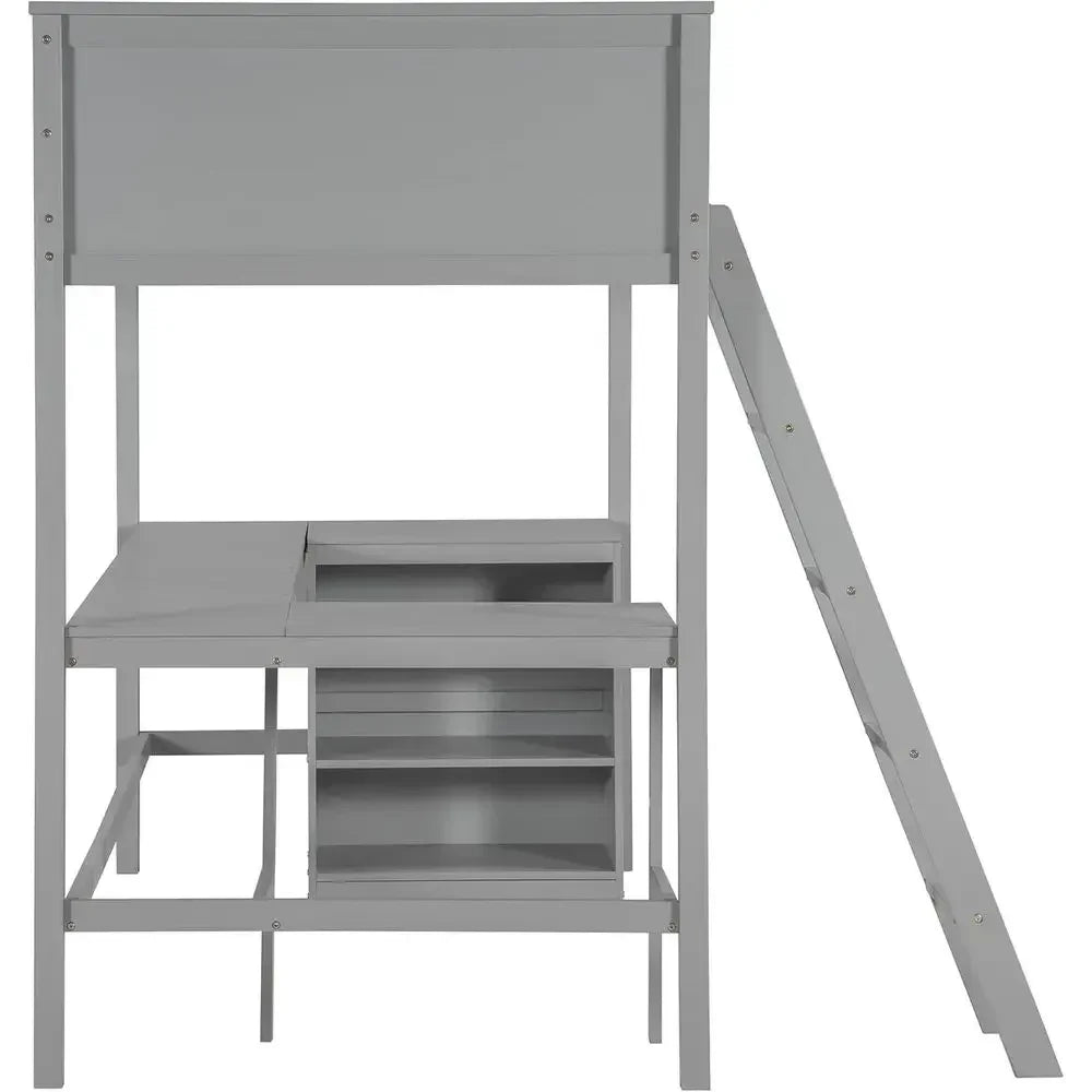 Twin Size Wooden Loft Bed with Under-Bed Storage - Gray
