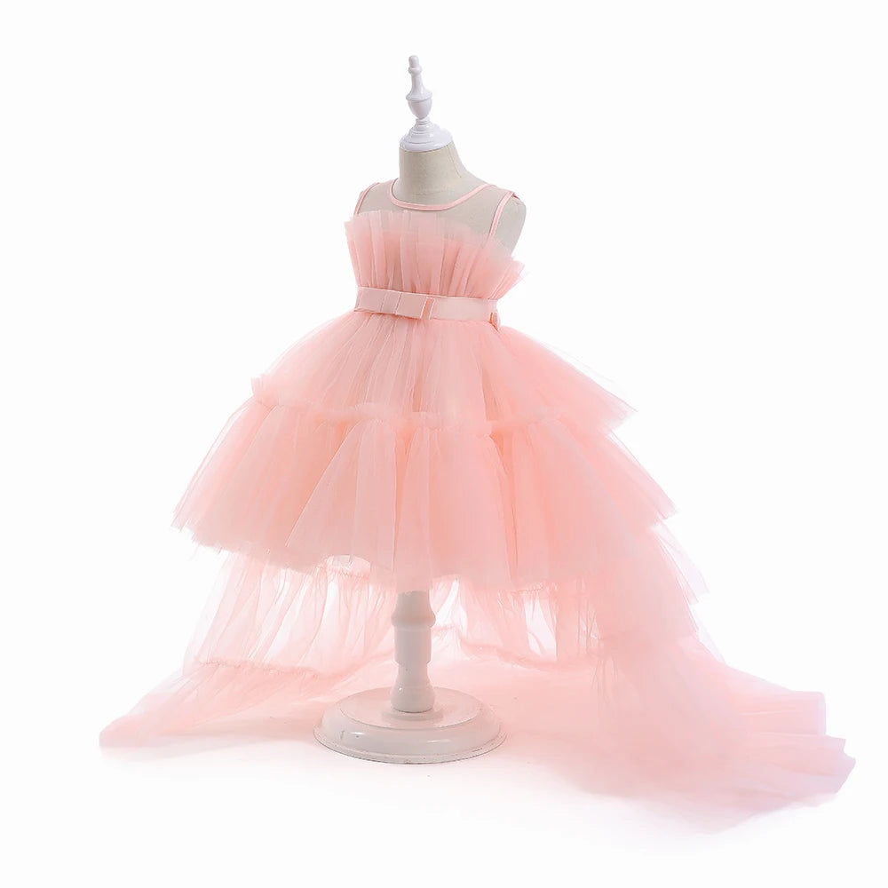 Kids Girls Formal Puffy Princess Wedding Birthday Dress with Trail
