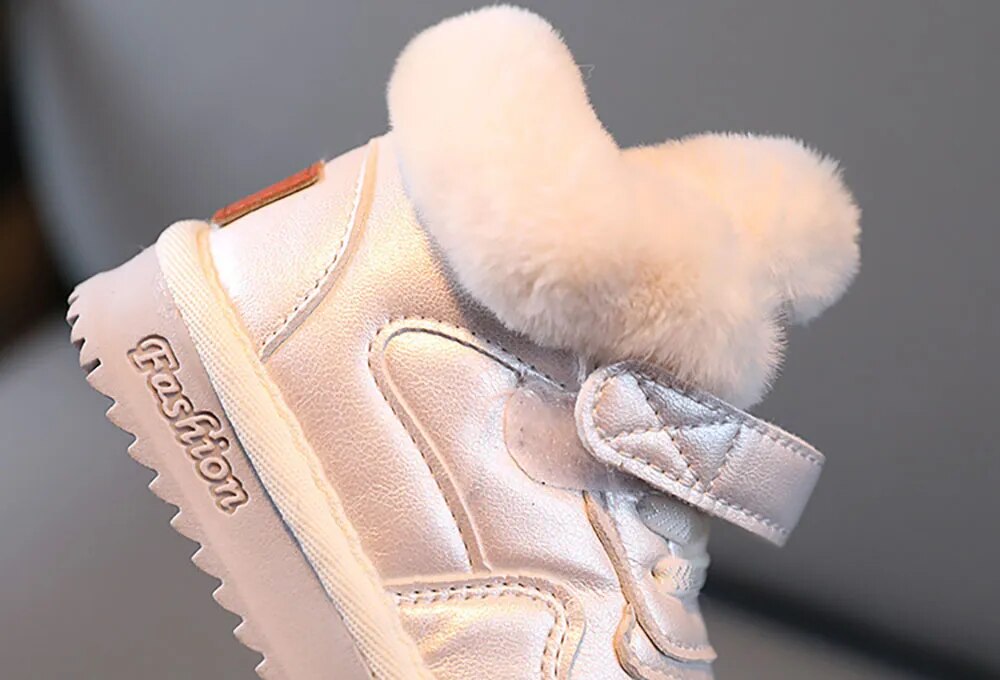 Kids Girls PU Leather Plush Warm Soft-soled Winter Shoes childrensterritory