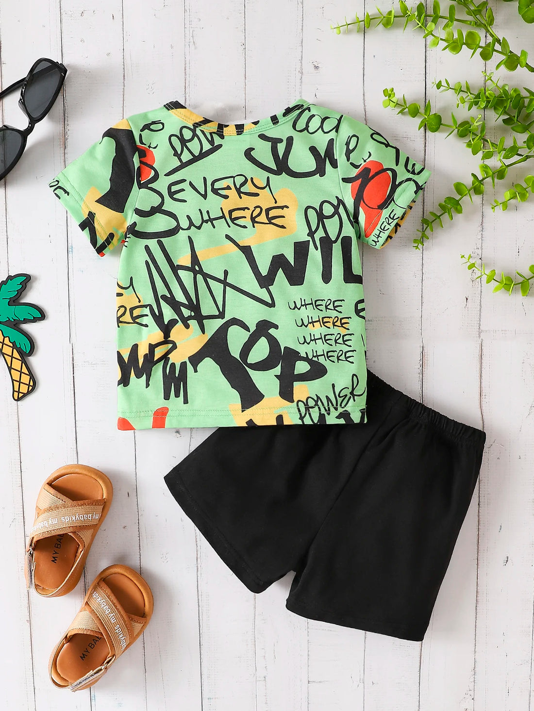 Baby Boys Cartoon Letter Graffiti Top Hollow Shorts Outfit Set childrensterritory